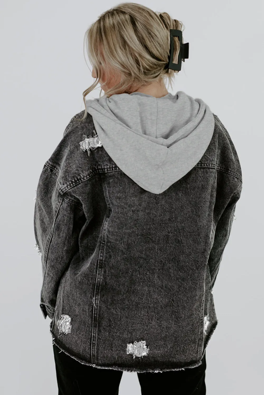 Black Drawstring Hooded Frayed Denim Jacket sold by Beagle Boutique product image thumbnail 2