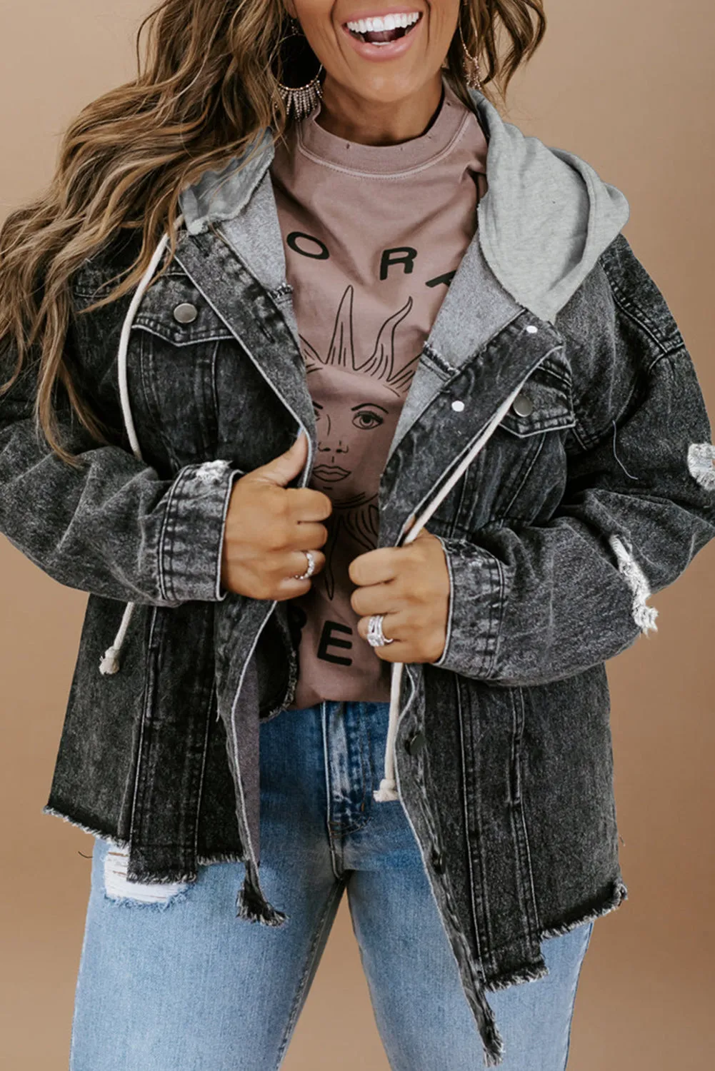 Black Drawstring Hooded Frayed Denim Jacket sold by Beagle Boutique