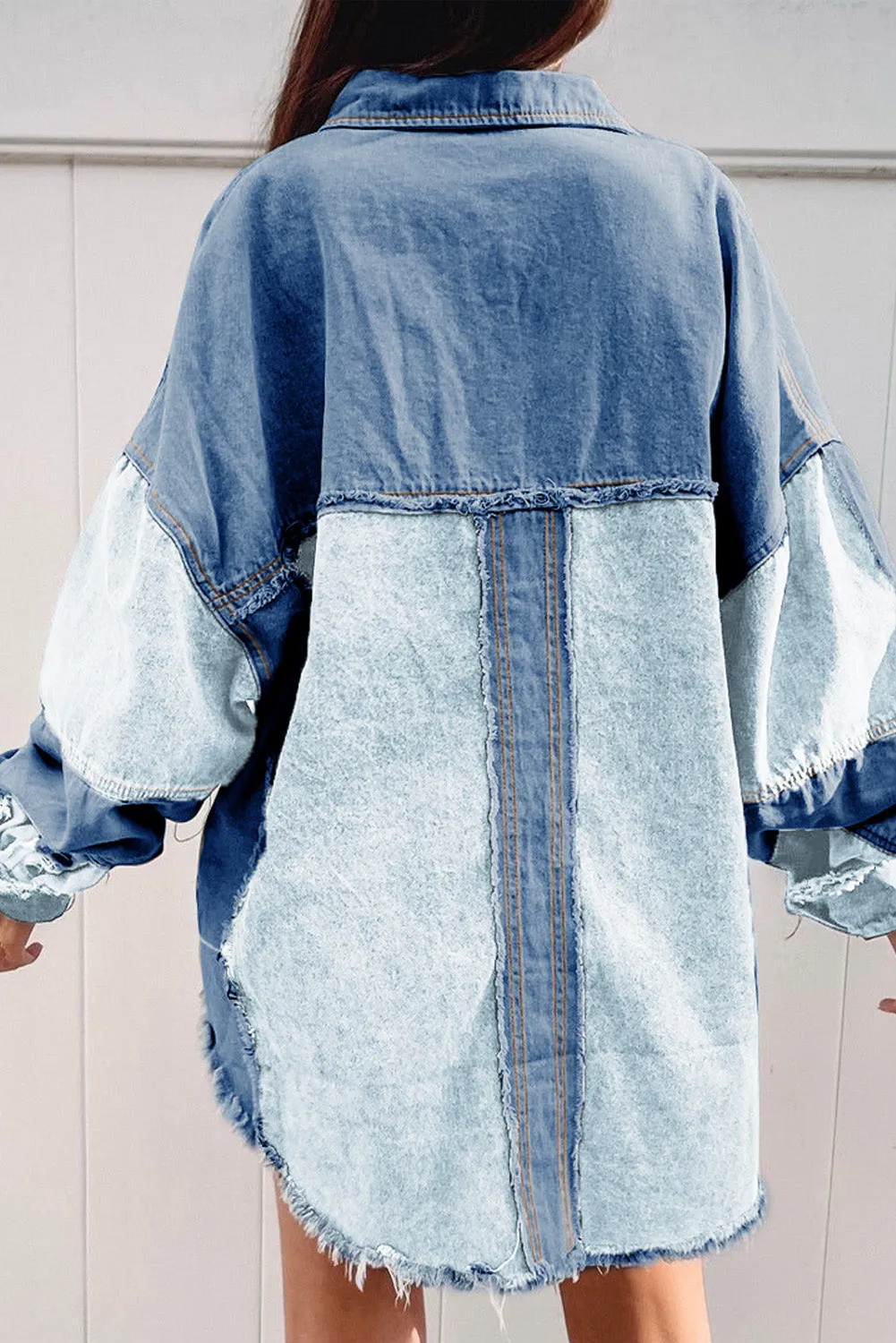Blue Colour Block Frayed Patchwork Oversize Denim Jacket sold by Beagle Boutique product image thumbnail 2