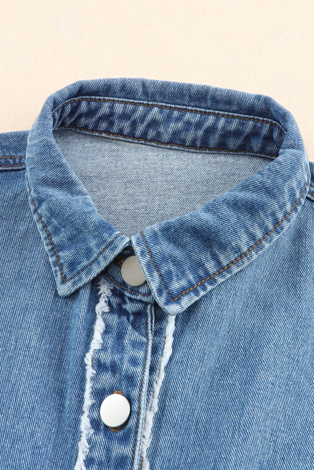Blue Colour Block Frayed Patchwork Oversize Denim Jacket sold by Beagle Boutique product image thumbnail 5