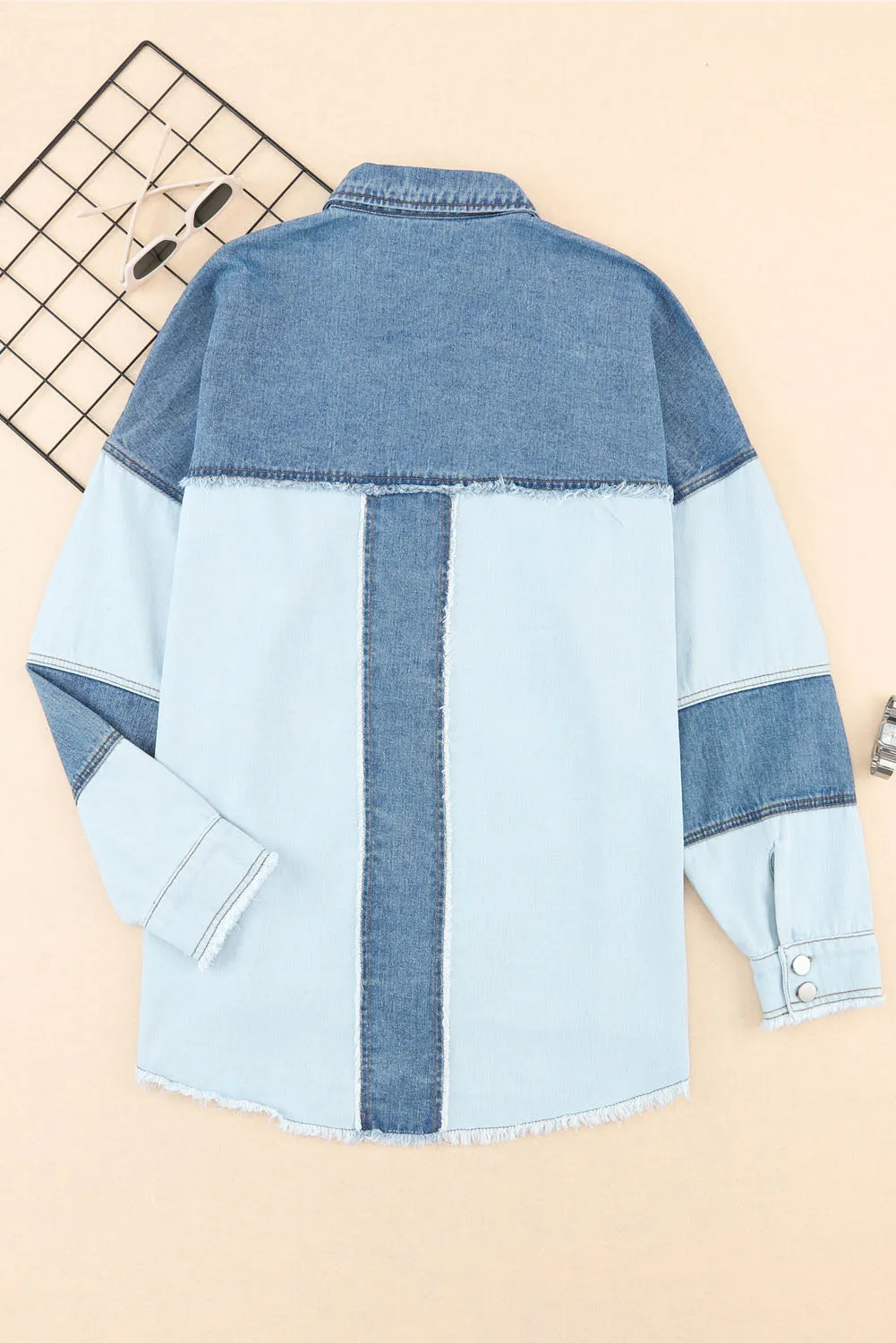 Blue Colour Block Frayed Patchwork Oversize Denim Jacket sold by Beagle Boutique product image thumbnail 4