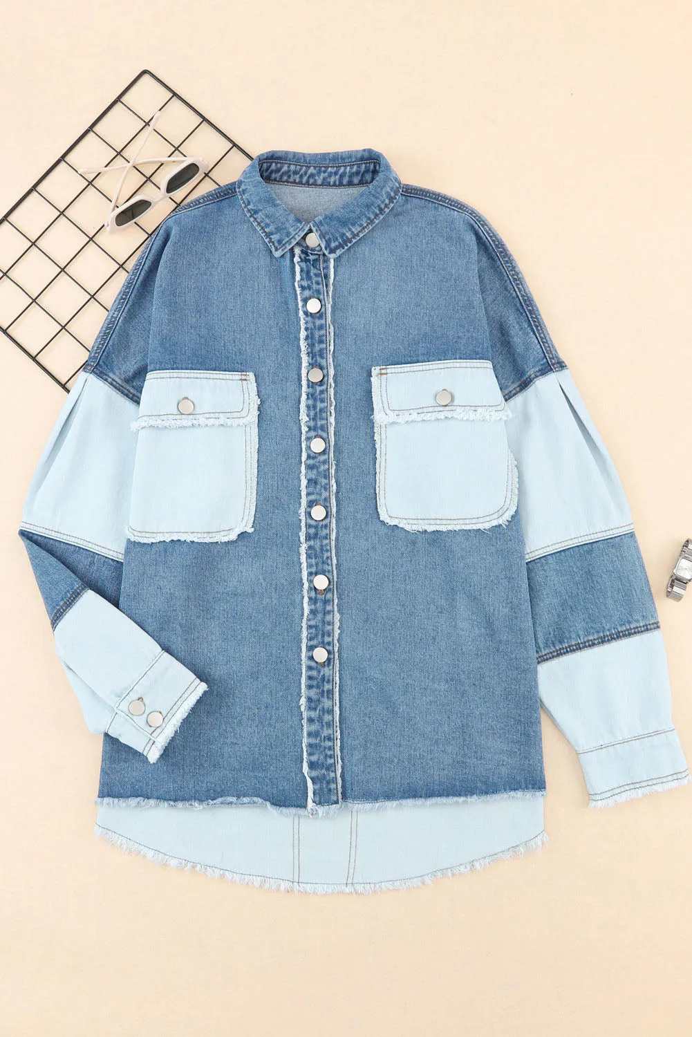 Blue Colour Block Frayed Patchwork Oversize Denim Jacket sold by Beagle Boutique product image thumbnail 3