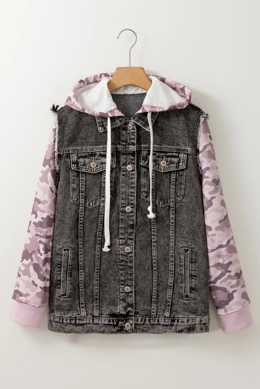 Black Camo Sleeve Hooded Buttoned Denim Jacket sold by Beagle Boutique product image thumbnail 4