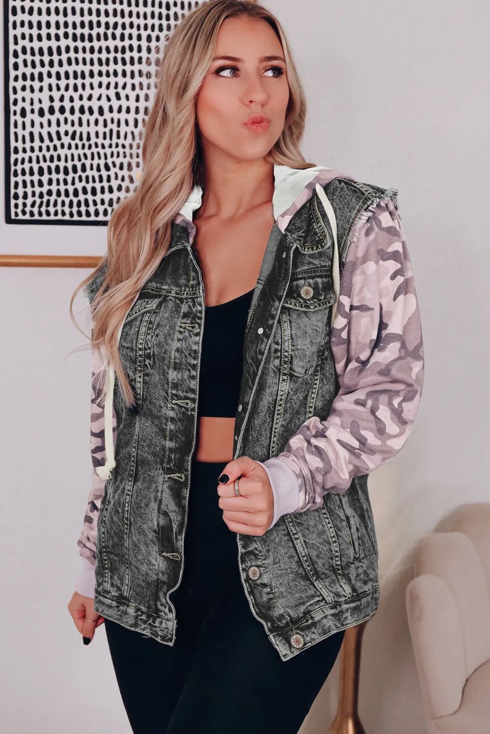 Black Camo Sleeve Hooded Buttoned Denim Jacket sold by Beagle Boutique product image thumbnail 3
