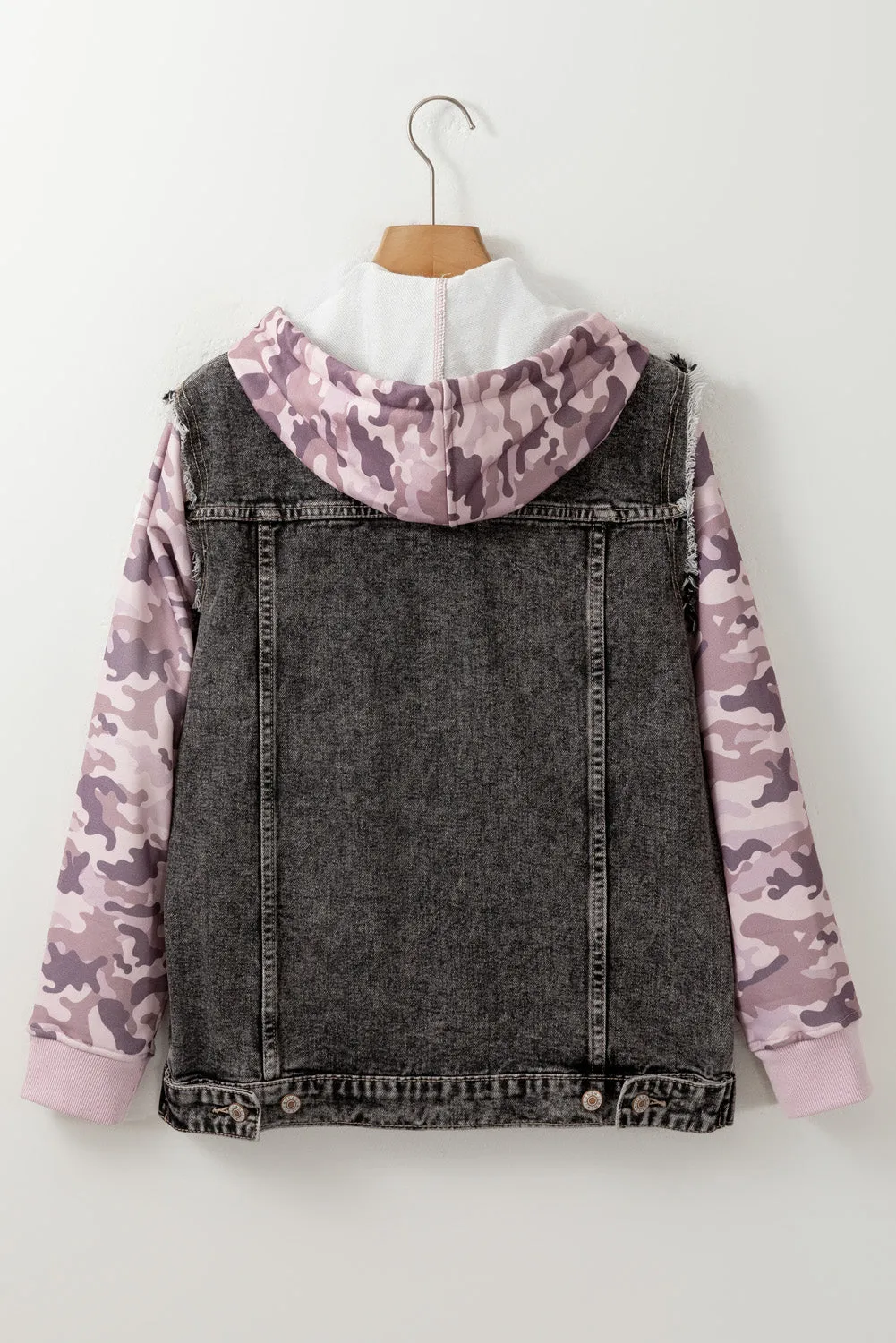 Black Camo Sleeve Hooded Buttoned Denim Jacket sold by Beagle Boutique product image thumbnail 5