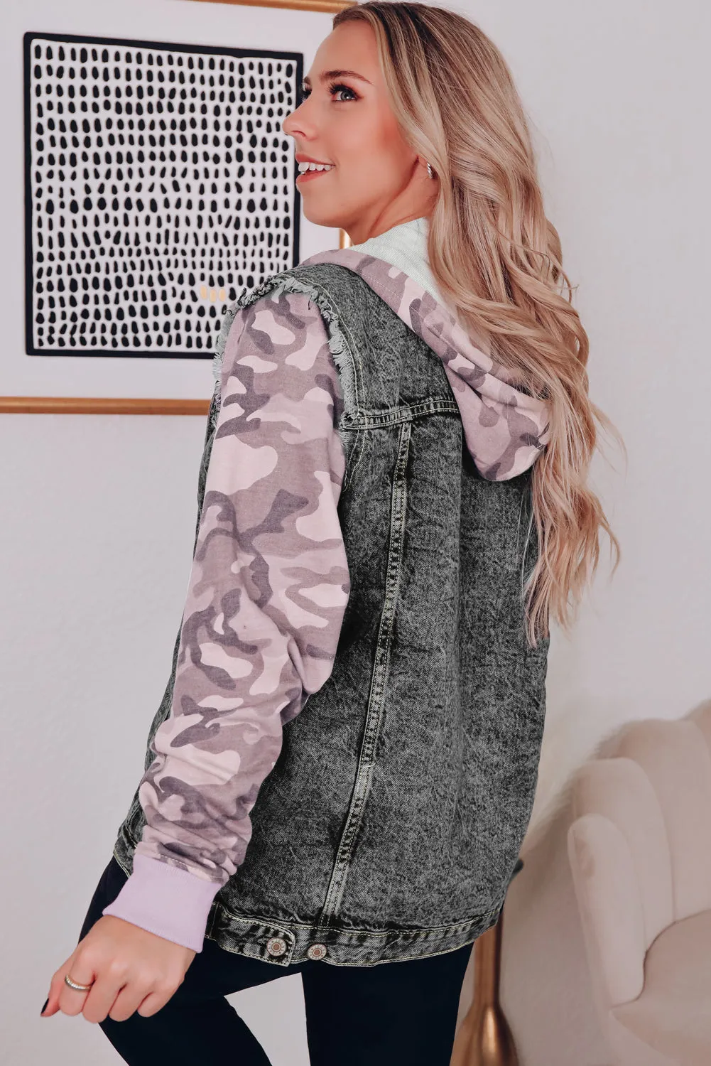 Black Camo Sleeve Hooded Buttoned Denim Jacket sold by Beagle Boutique product image thumbnail 2