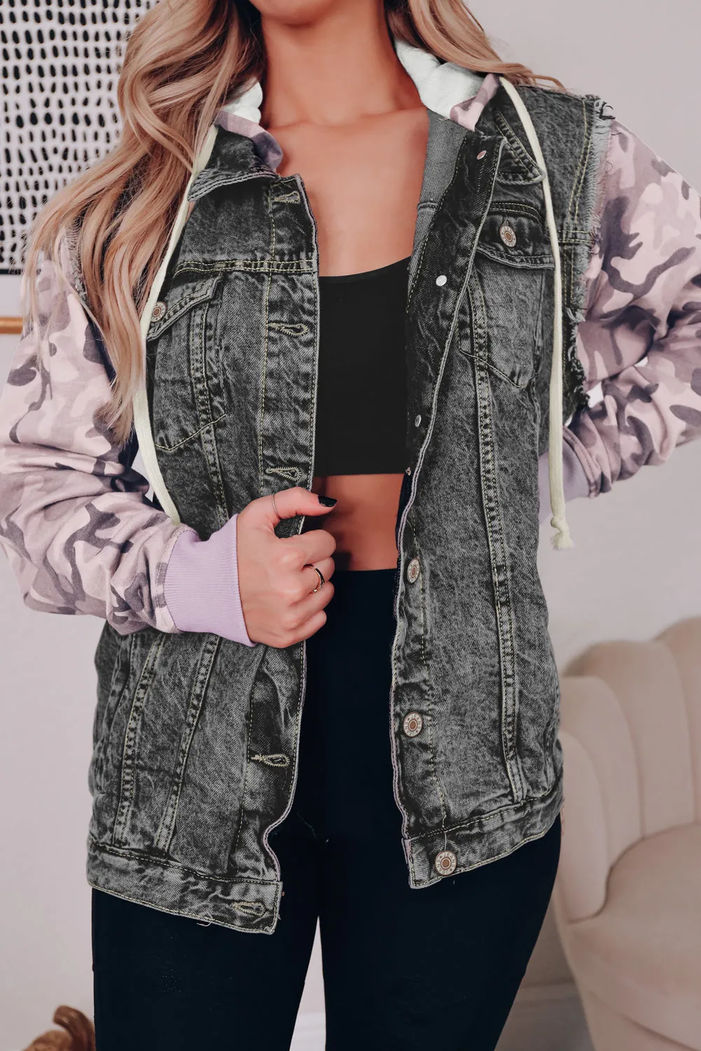 Black Camo Sleeve Hooded Buttoned Denim Jacket sold by Beagle Boutique