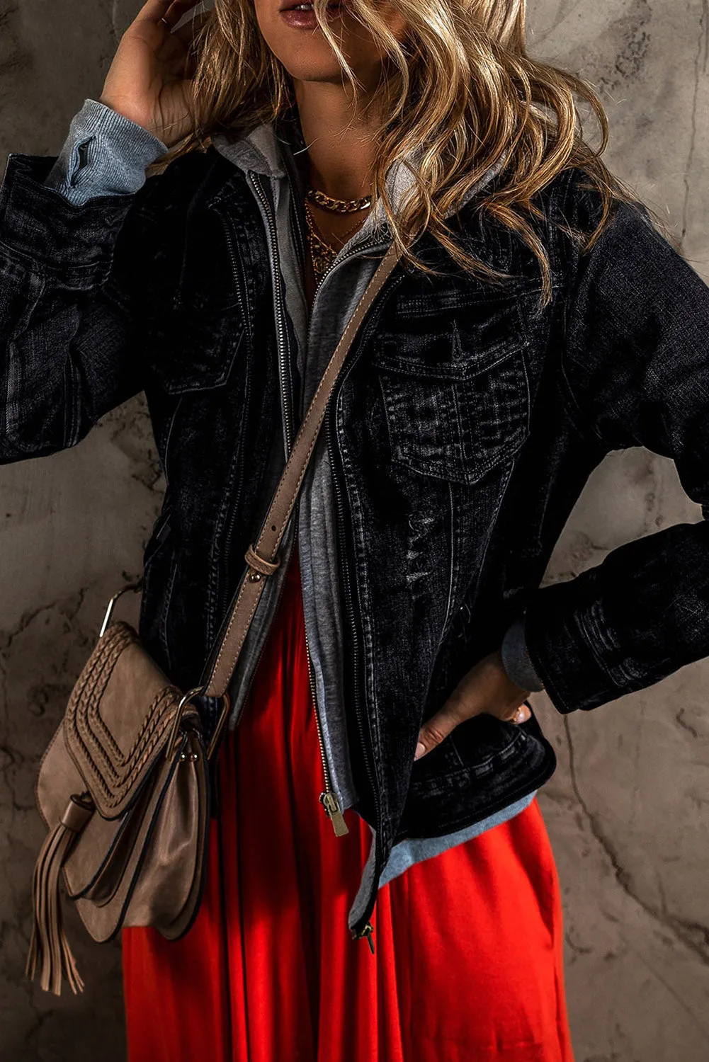 Black Fake Two-Piece Hooded Zip-Up Denim Jacket sold by Beagle Boutique product image thumbnail 3