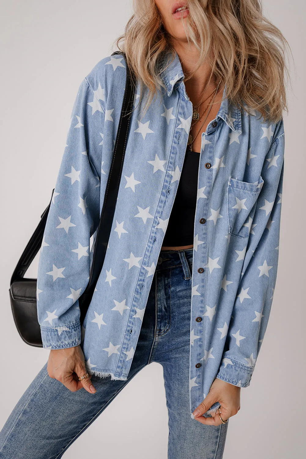 Sky Blue Star Print Light Wash Raw Hem Denim Jacket sold by Beagle Boutique product image thumbnail 5