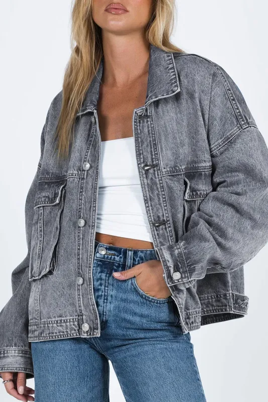 Grey Chest Pockets Drop Shoulder Loose Denim Jacket sold by Beagle Boutique