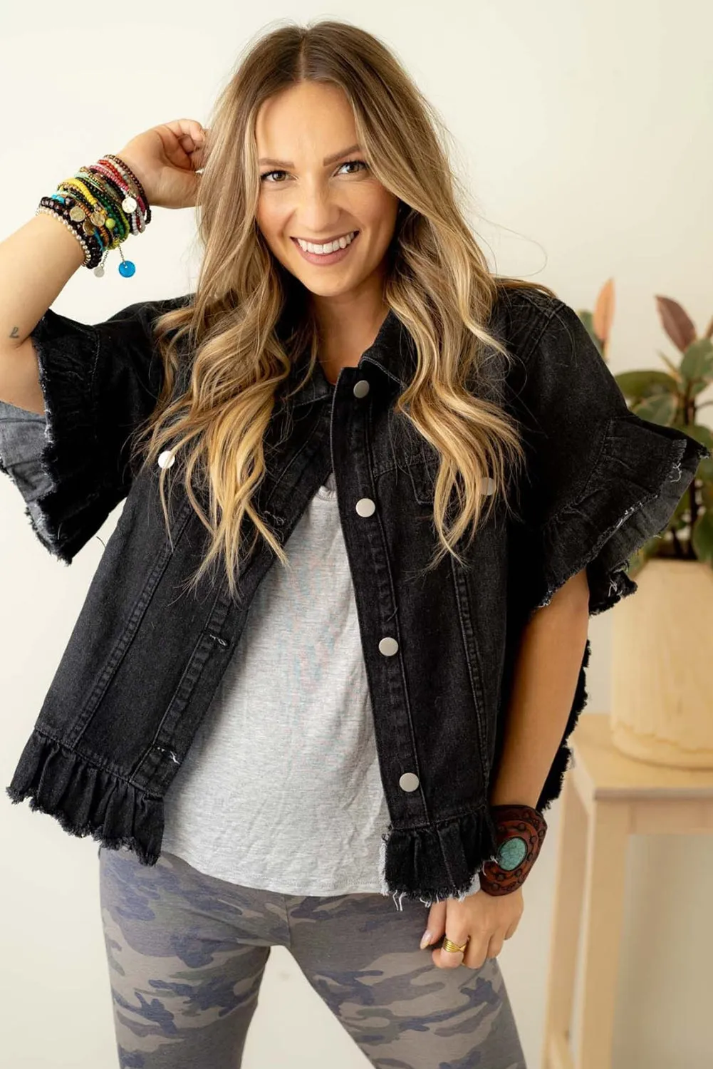 Raw Edge Ruffled Short Sleeve Denim Jacket sold by Beagle Boutique product image thumbnail 5