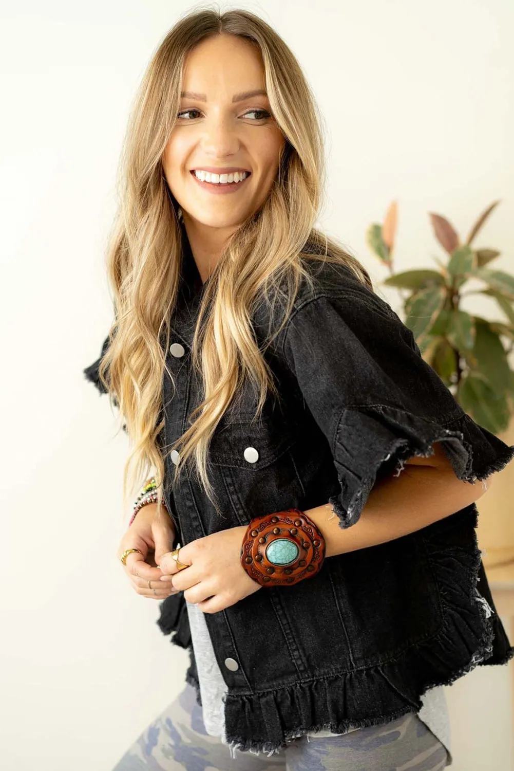 Raw Edge Ruffled Short Sleeve Denim Jacket sold by Beagle Boutique product image thumbnail 2