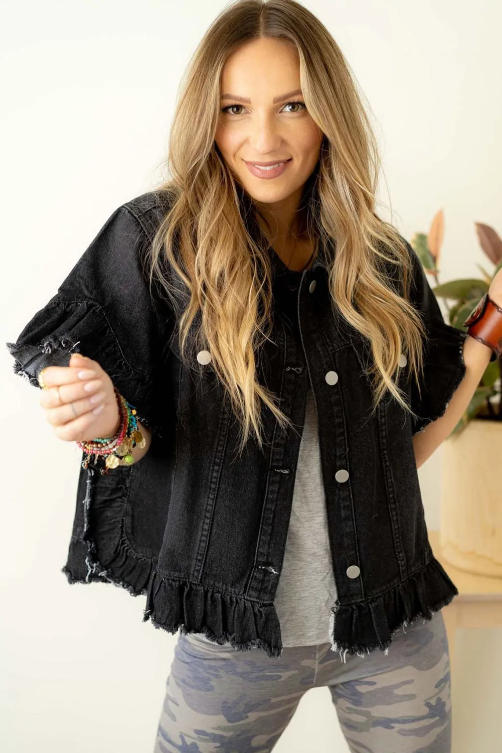 Raw Edge Ruffled Short Sleeve Denim Jacket sold by Beagle Boutique product image thumbnail 4