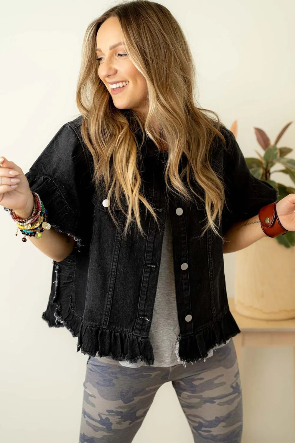 Raw Edge Ruffled Short Sleeve Denim Jacket sold by Beagle Boutique product image thumbnail 3