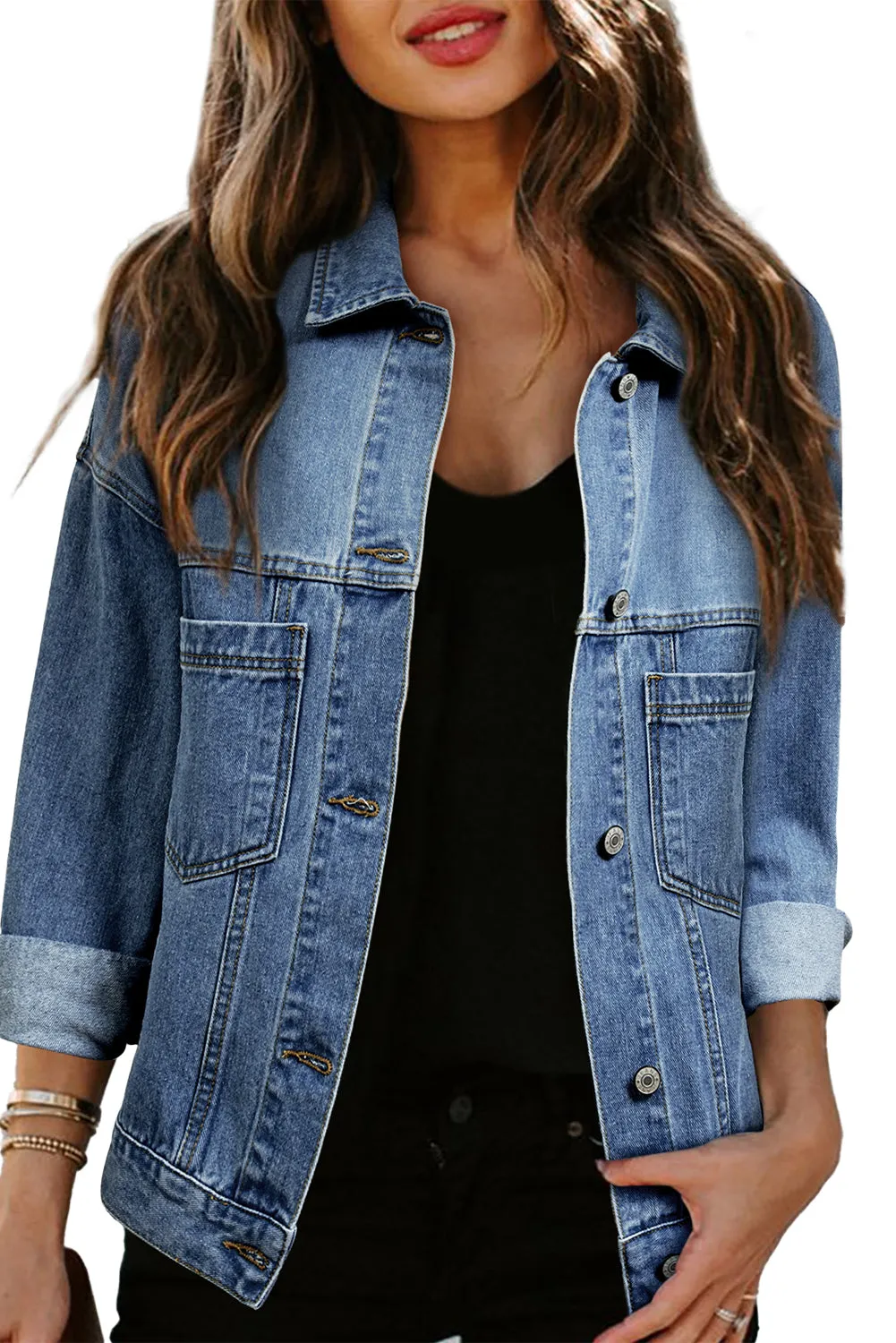 Light Blue Washed Oversize Pocketed Denim Jacket sold by Beagle Boutique product image thumbnail 4