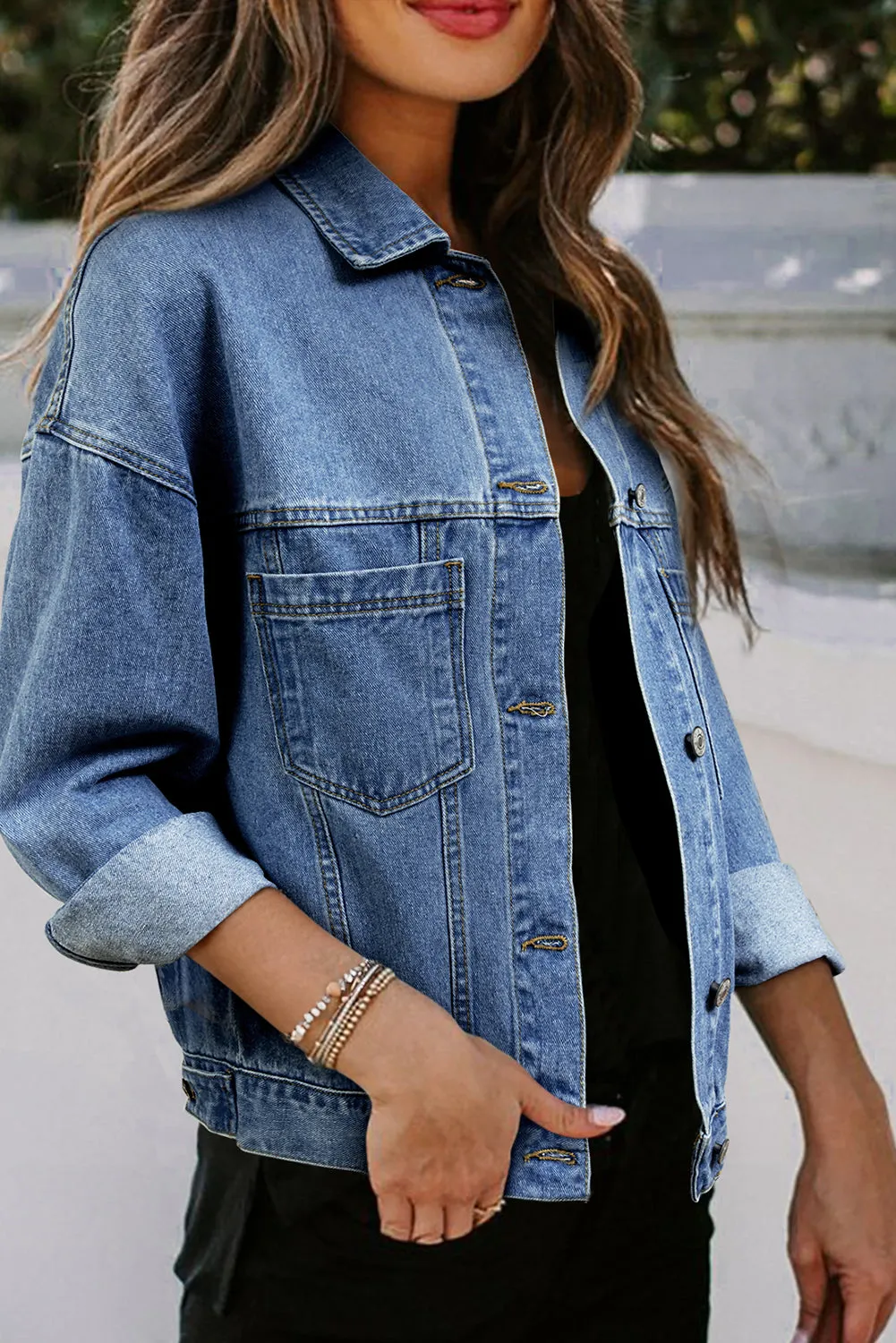 Light Blue Washed Oversize Pocketed Denim Jacket sold by Beagle Boutique product image thumbnail 3