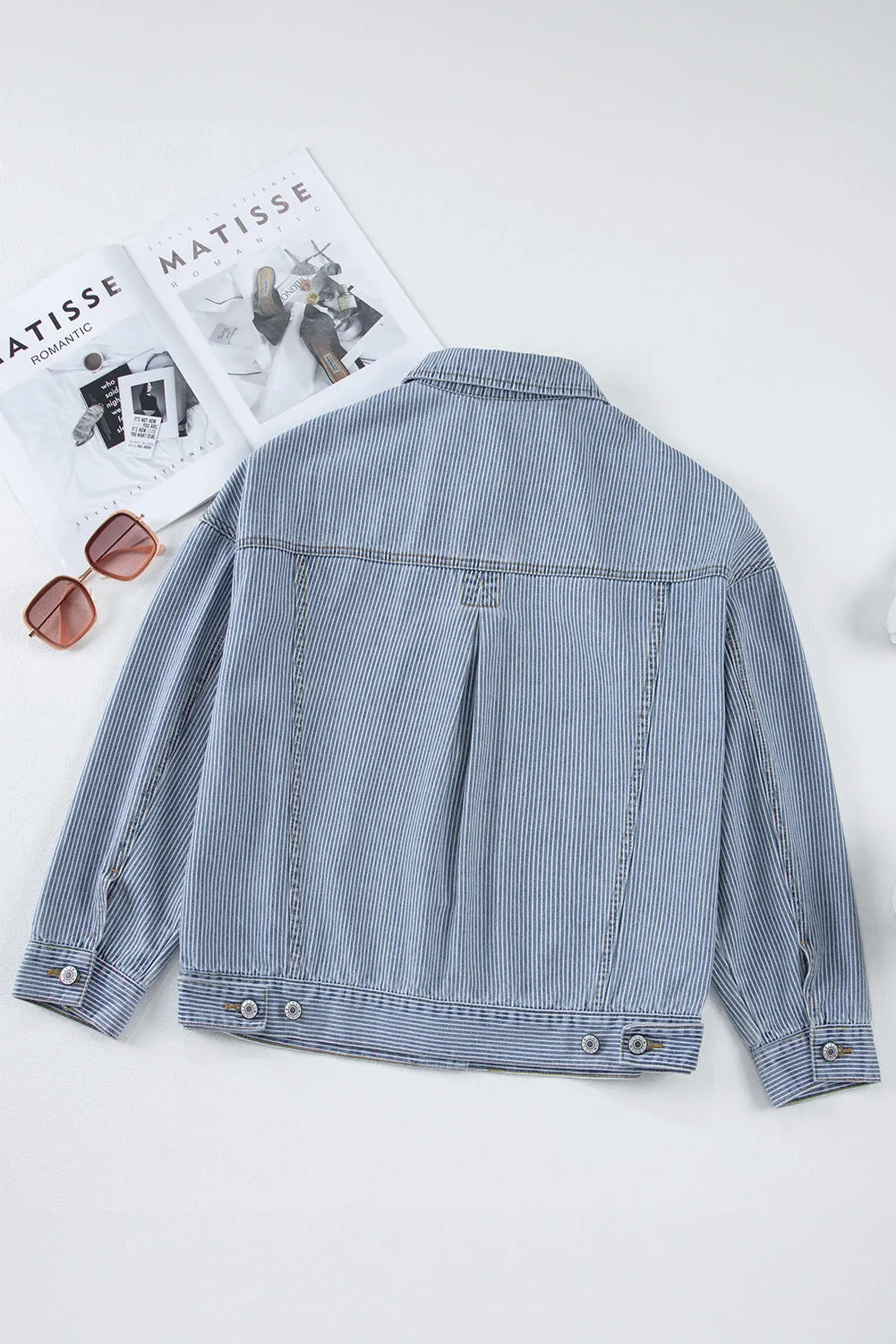 Sky Blue Stripe Washed Oversize Pocketed Denim Jacket sold by Beagle Boutique product image thumbnail 5