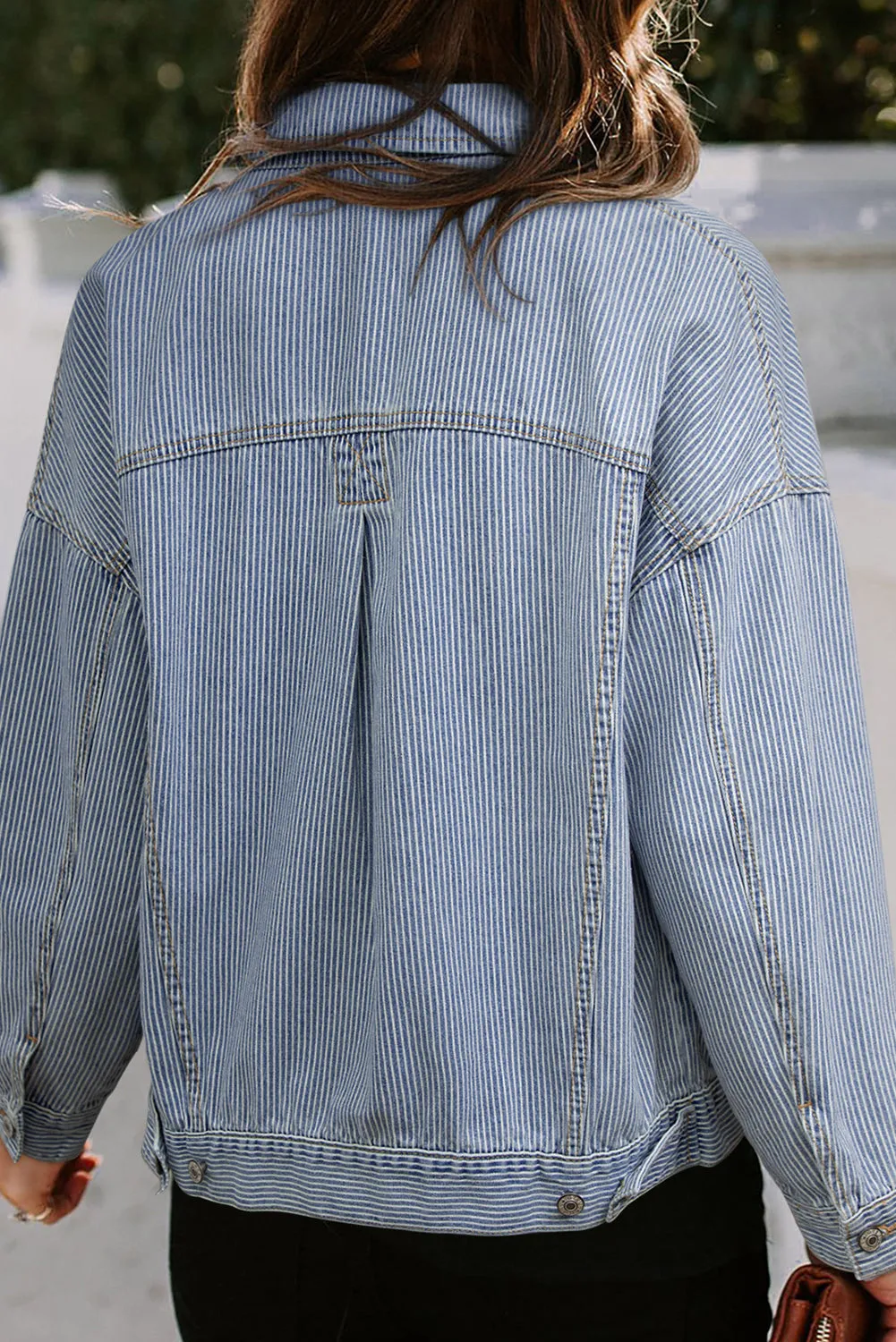 Sky Blue Stripe Washed Oversize Pocketed Denim Jacket sold by Beagle Boutique product image thumbnail 2