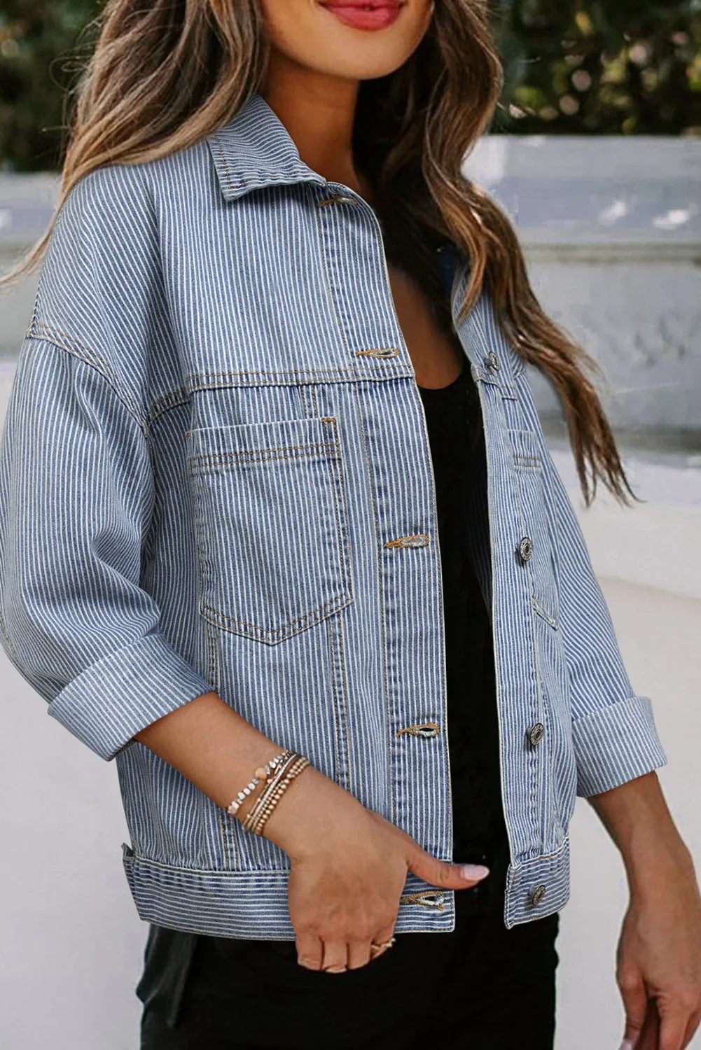 Sky Blue Stripe Washed Oversize Pocketed Denim Jacket sold by Beagle Boutique product image thumbnail 3