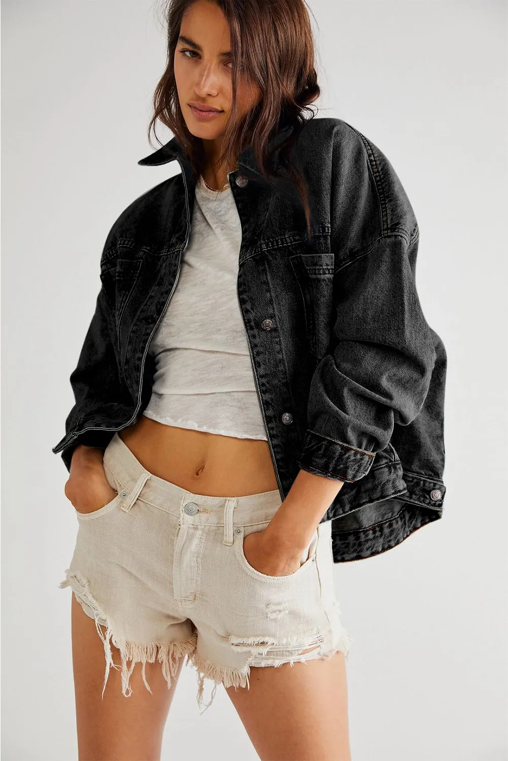 Black Washed Oversize Pocketed Denim Jacket sold by Beagle Boutique product image thumbnail 3