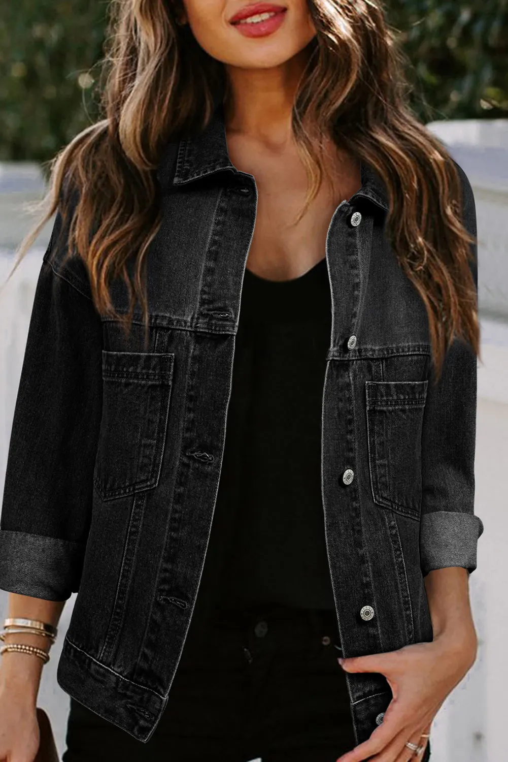 Black Washed Oversize Pocketed Denim Jacket sold by Beagle Boutique product image thumbnail 4