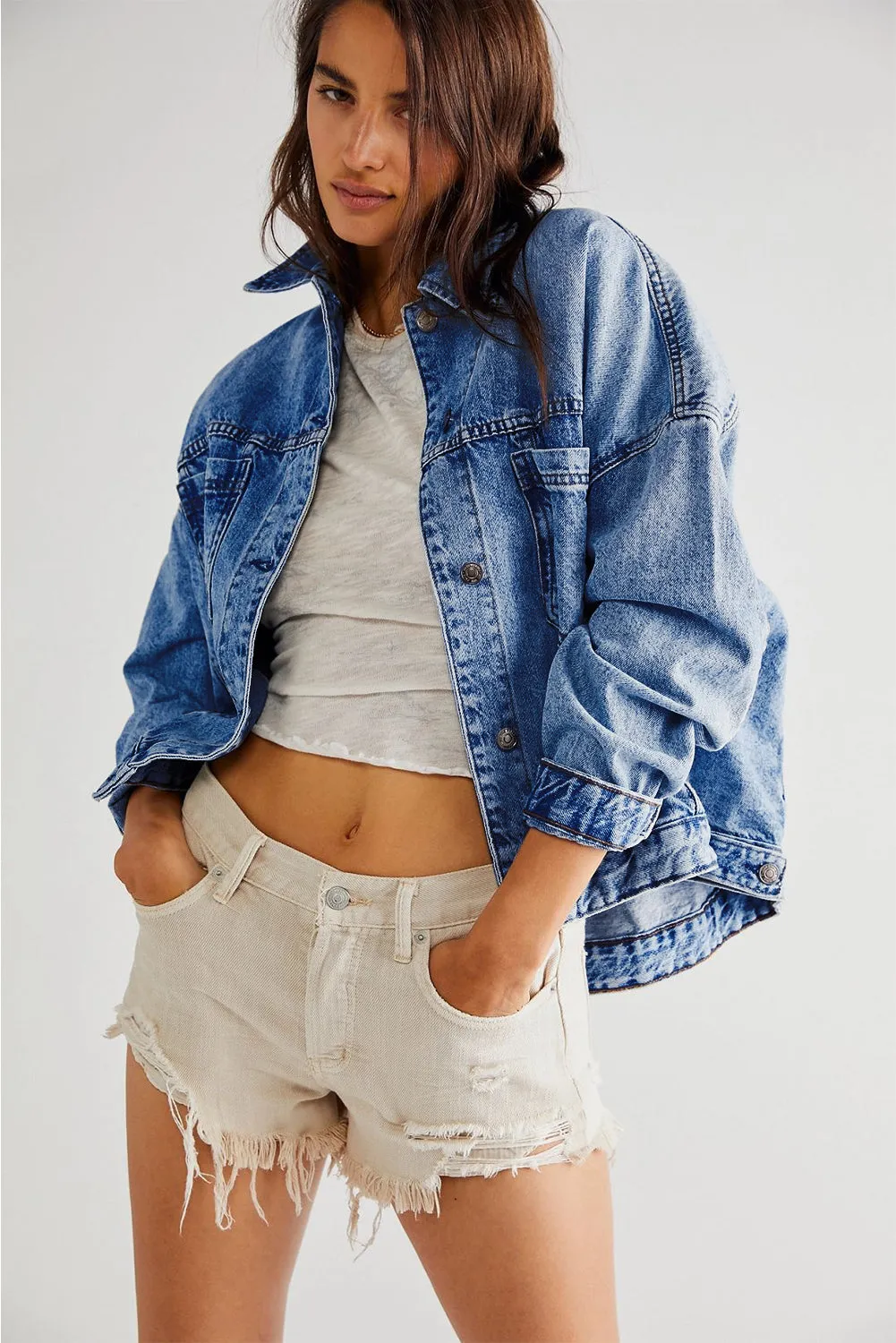 Dark Blue Washed Oversize Pocketed Denim Jacket sold by Beagle Boutique product image thumbnail 3