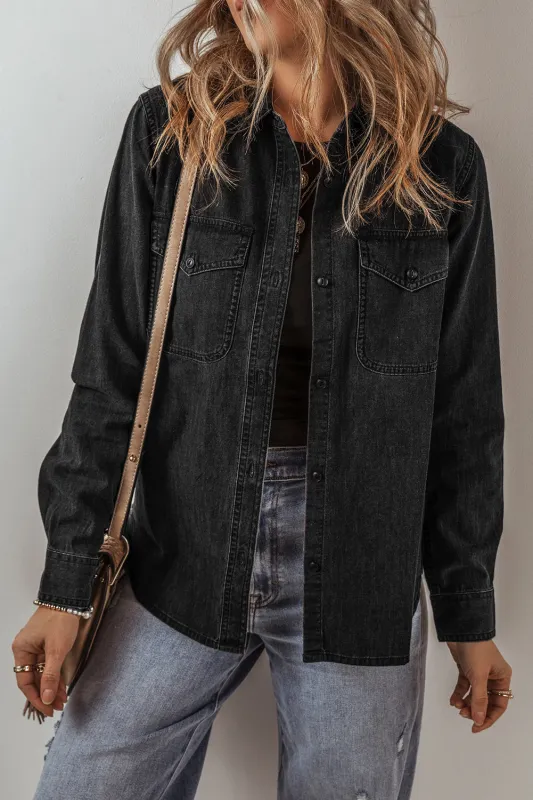 Black Flap Pocket Buttons Collared Jean Jacket sold by Beagle Boutique