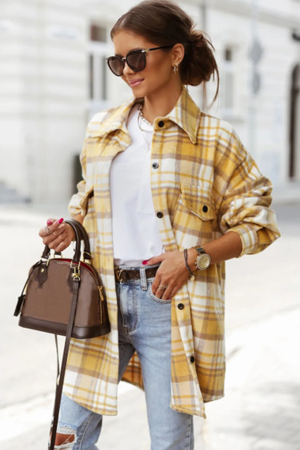 Yellow Plaid Flap Pocket Long Sleeve Shacket sold by Beagle Boutique product image thumbnail 3