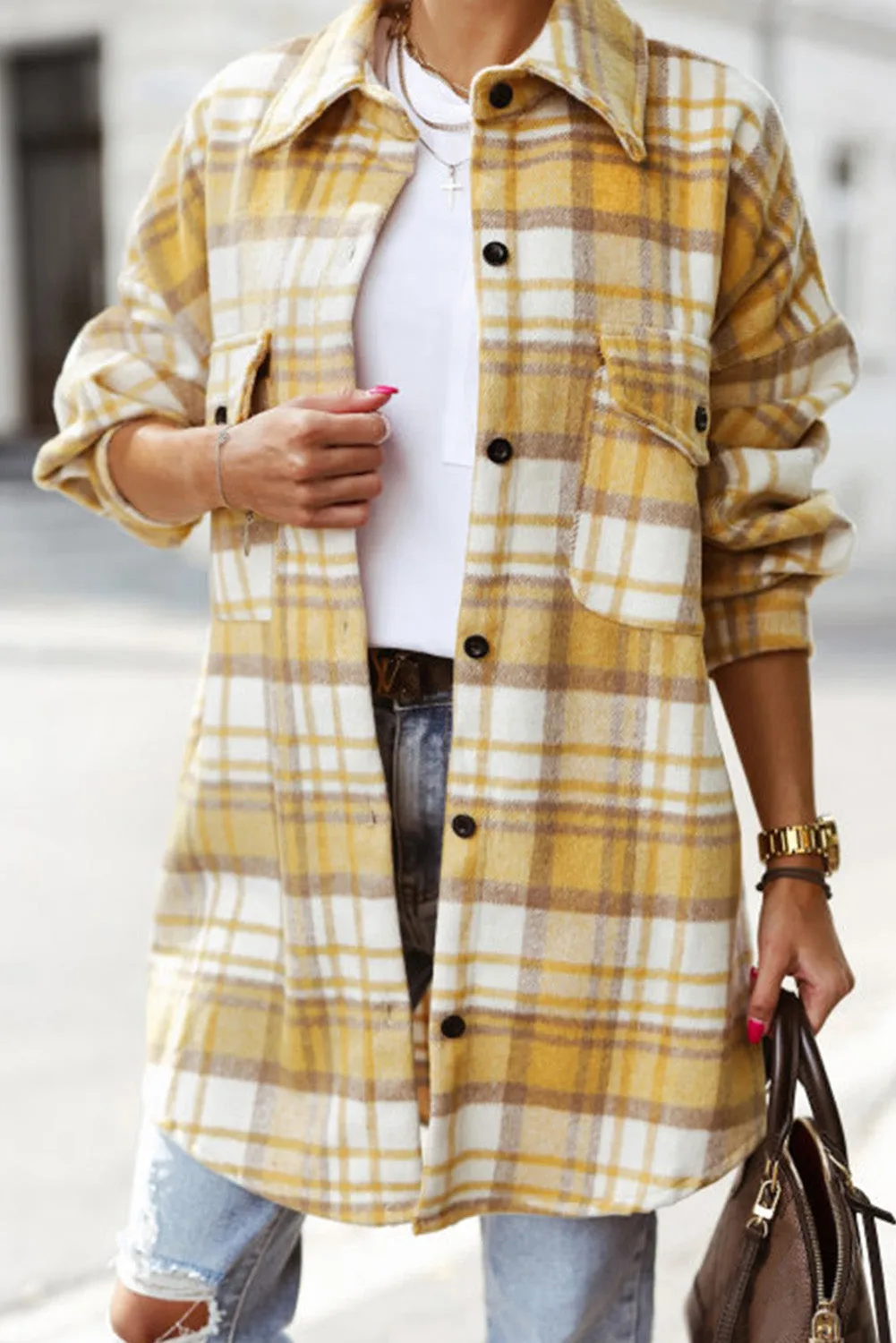 Yellow Plaid Flap Pocket Long Sleeve Shacket sold by Beagle Boutique