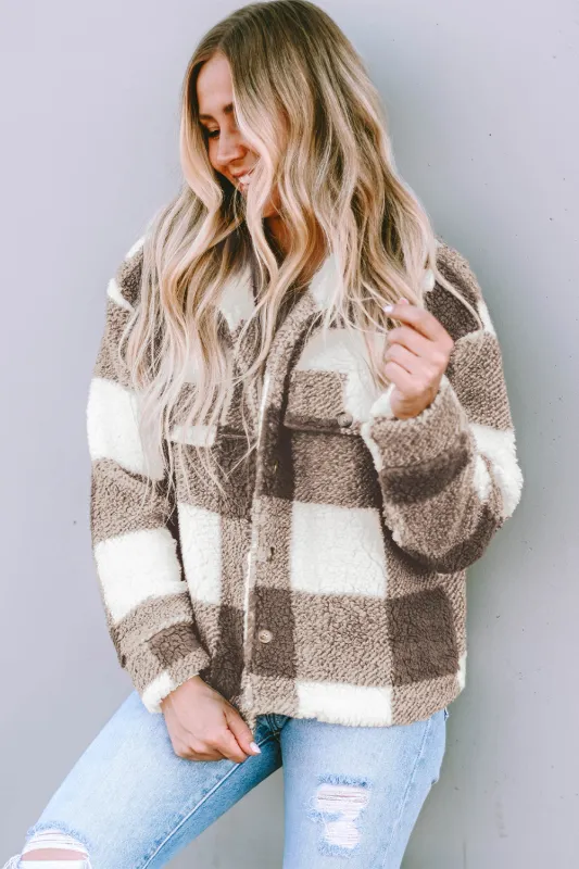 Khaki Plaid Sherpa Buttoned Flap Pocket Shacket sold by Beagle Boutique