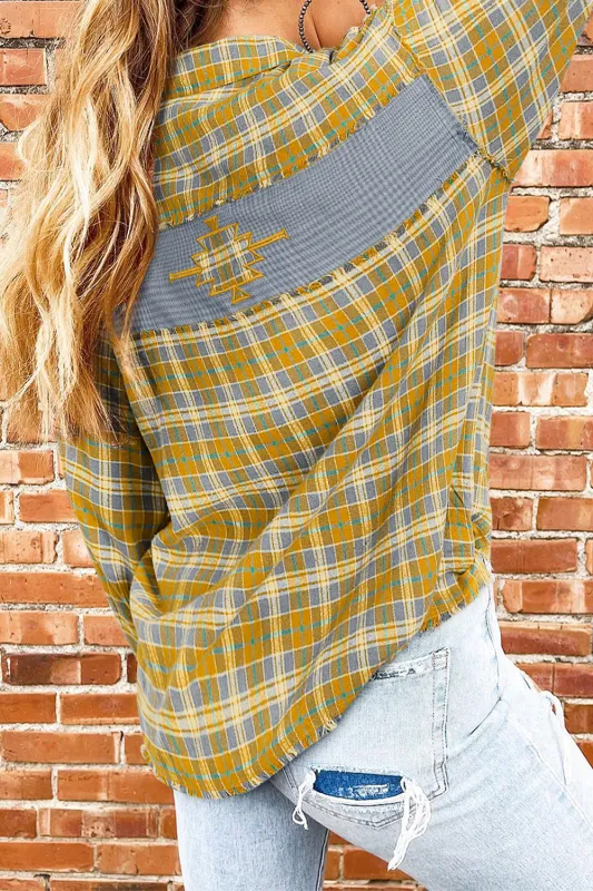 Ginger Plaid Embroidery Patch Button-Down Shacket sold by Beagle Boutique