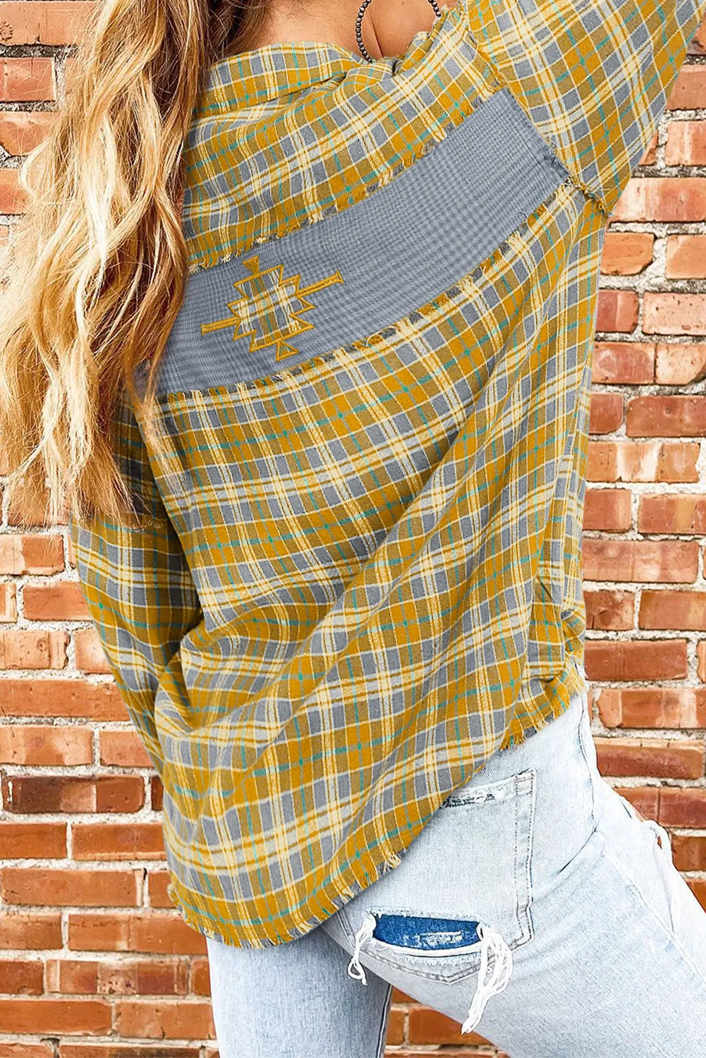 Ginger Plaid Embroidery Patch Button-Down Shacket sold by Beagle Boutique