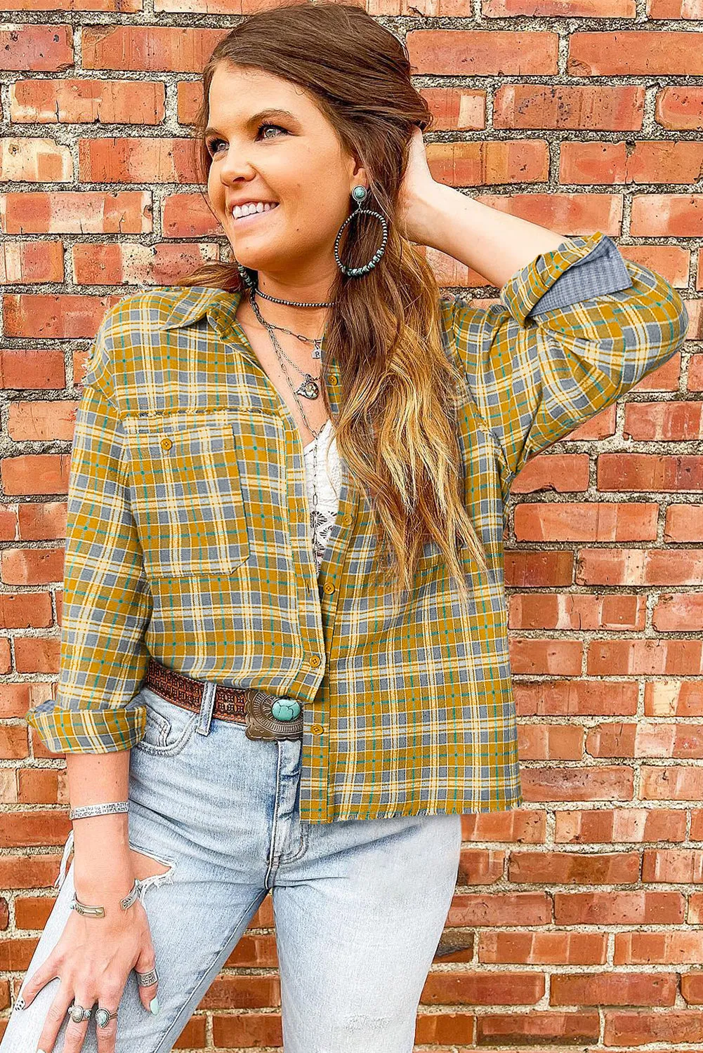 Ginger Plaid Embroidery Patch Button-Down Shacket sold by Beagle Boutique product image thumbnail 2