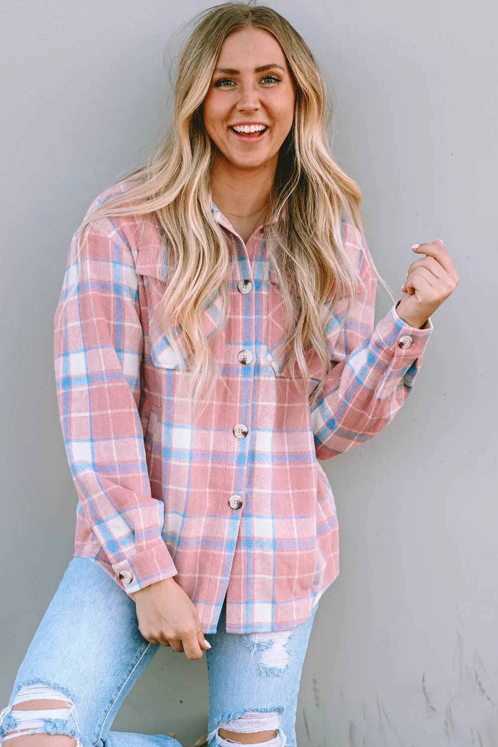 Pink Plaid Flap Pocket Flannel Shacket sold by Beagle Boutique