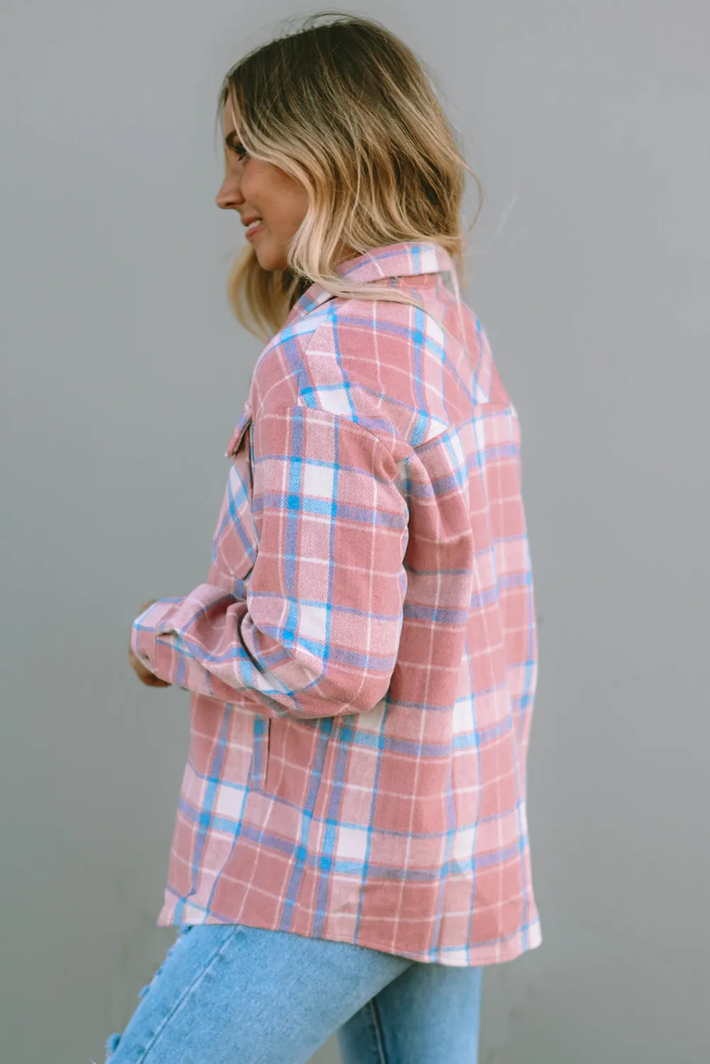 Pink Plaid Flap Pocket Flannel Shacket sold by Beagle Boutique product image thumbnail 3