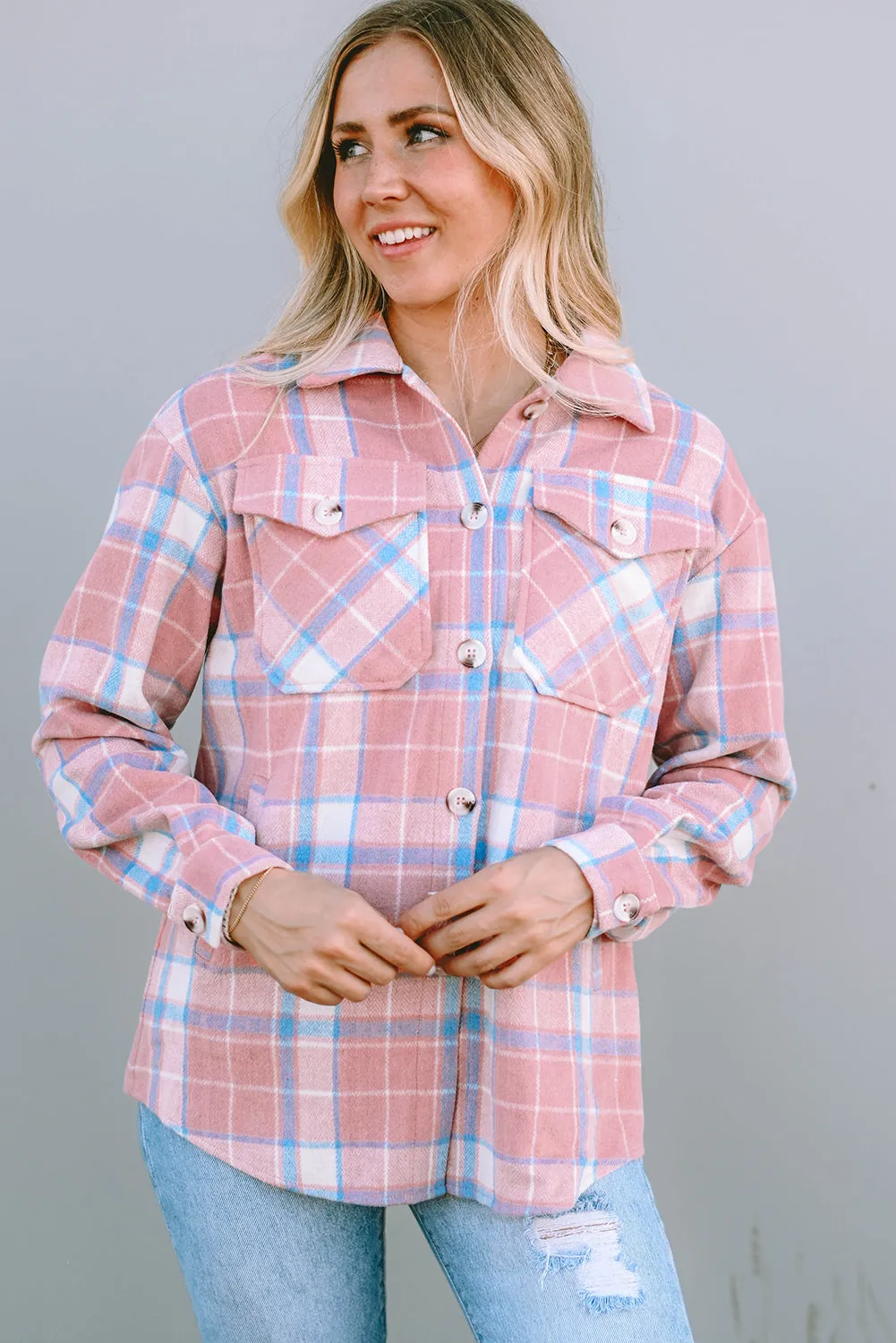 Pink Plaid Flap Pocket Flannel Shacket sold by Beagle Boutique product image thumbnail 5