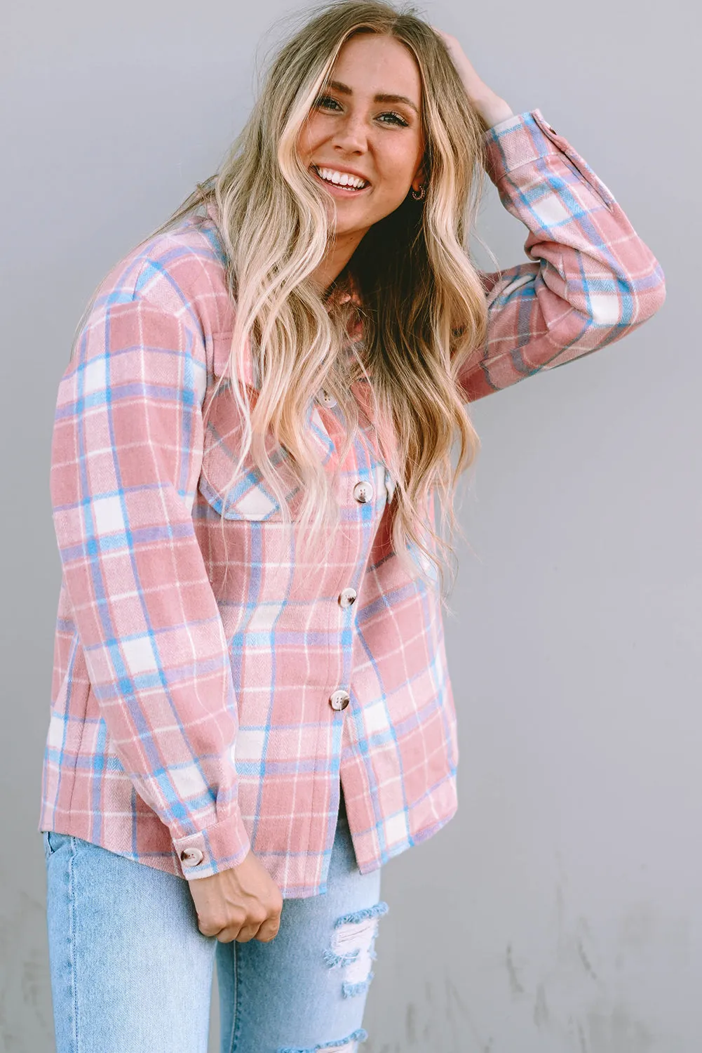 Pink Plaid Flap Pocket Flannel Shacket sold by Beagle Boutique product image thumbnail 4