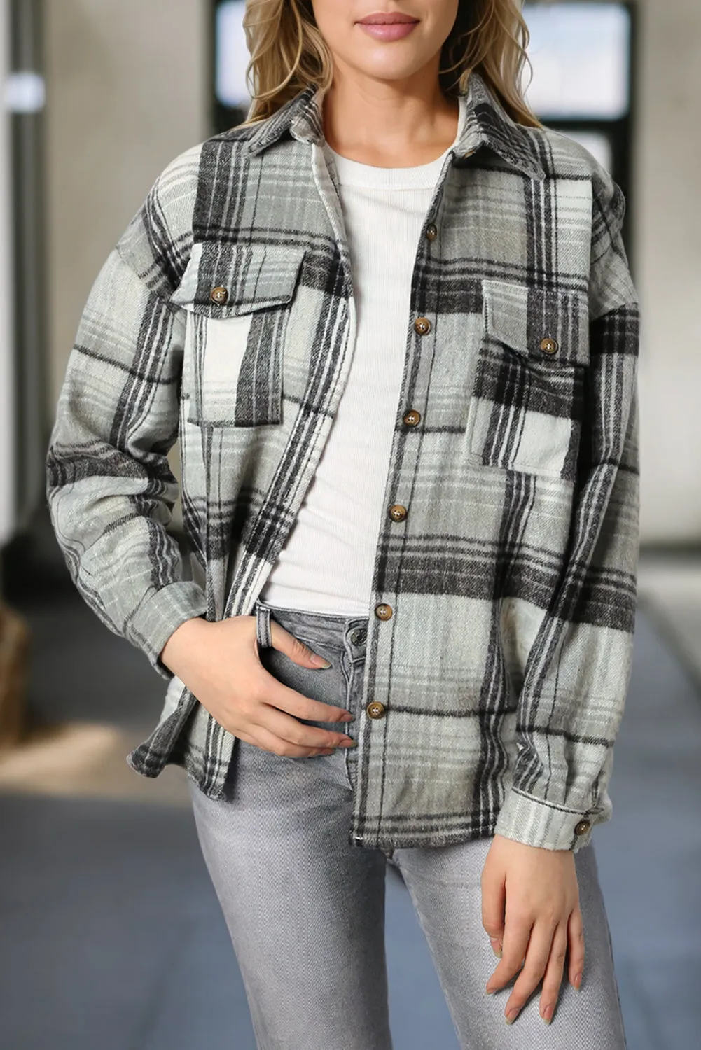 Medium Grey Plaid Flap Pockets Shacket sold by Beagle Boutique product image thumbnail 5