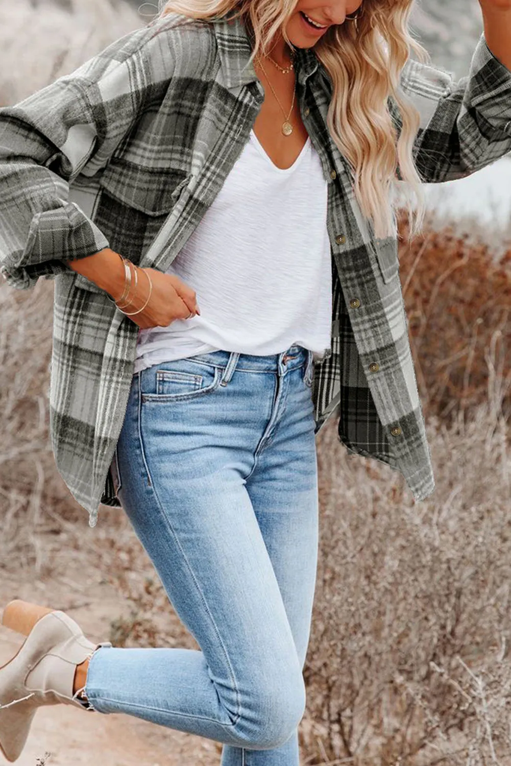 Medium Grey Plaid Flap Pockets Shacket sold by Beagle Boutique