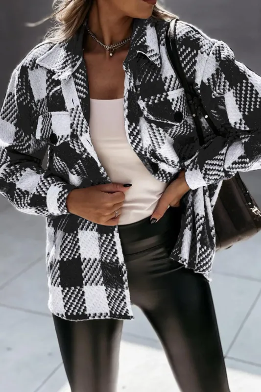 Black Plaid Textured Flap Pocket Shacket sold by Beagle Boutique