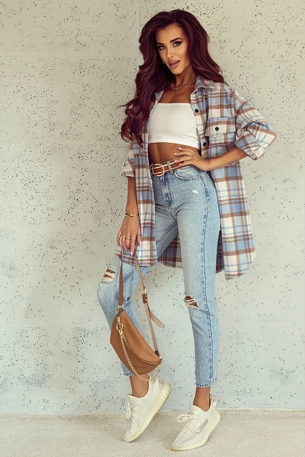 Sky Blue Plaid Flap Pocket Long Sleeve Shacket sold by Beagle Boutique product image thumbnail 5