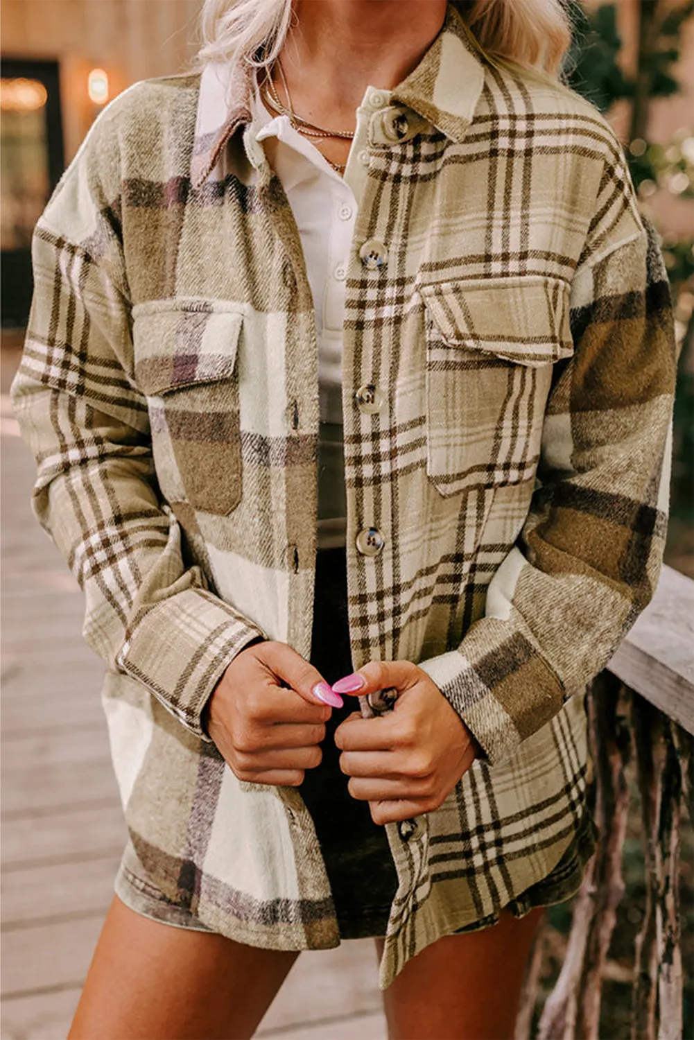 Parchment Contrast Plaid Patchwork Flap Pocket Shacket sold by Beagle Boutique