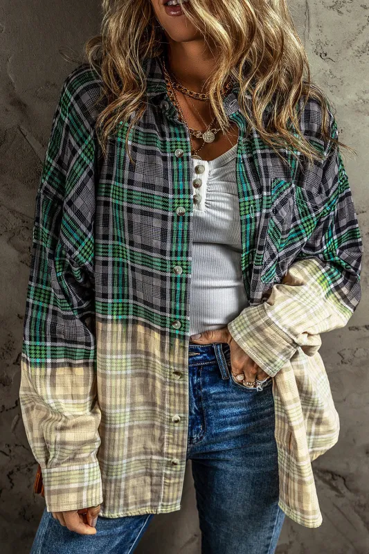Blackish Green Contrast Plaid Patchwork Chest Pocket Button up Shacket sold by Beagle Boutique