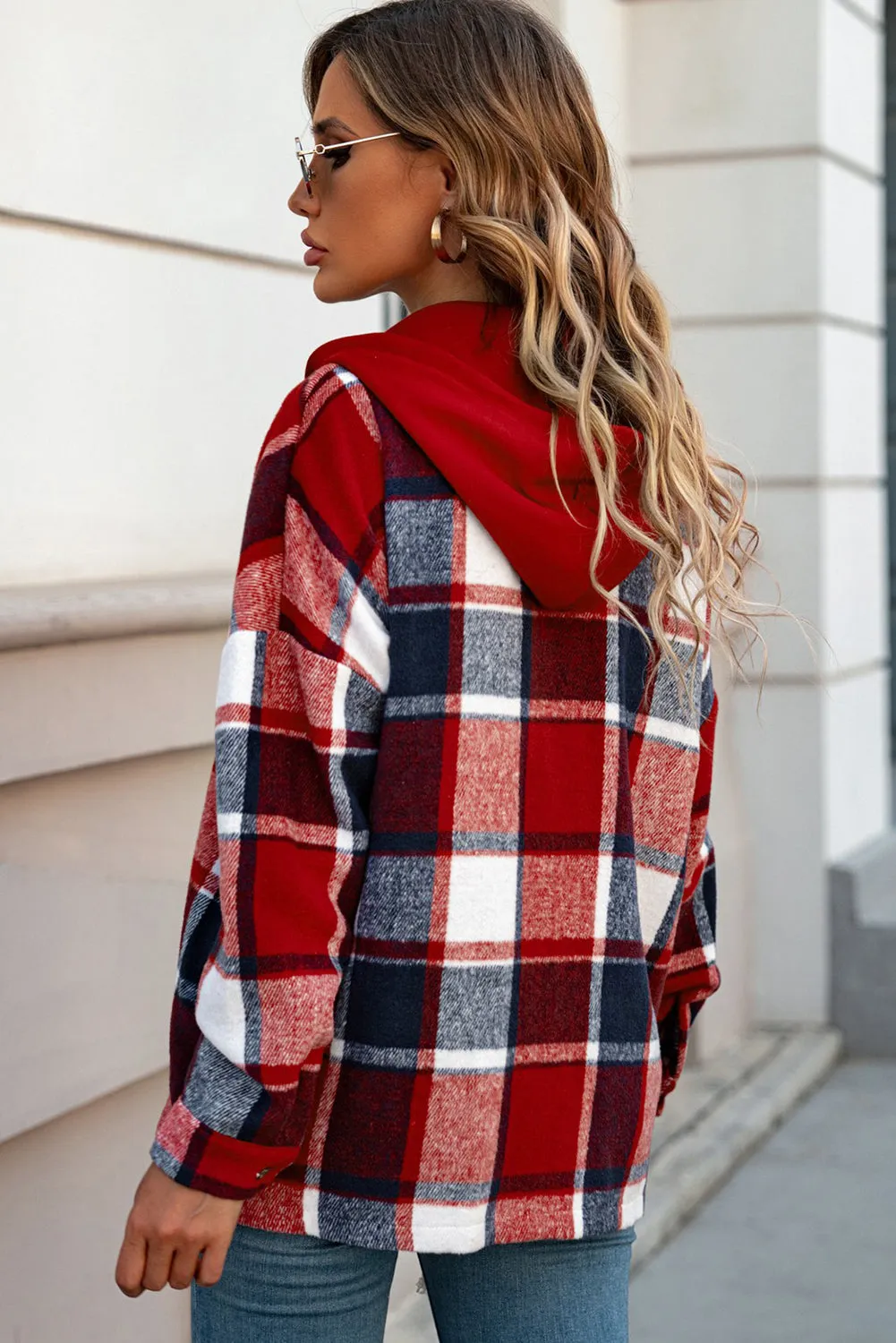 Fiery Red Hooded Plaid Button Front Shacket sold by Beagle Boutique product image thumbnail 5