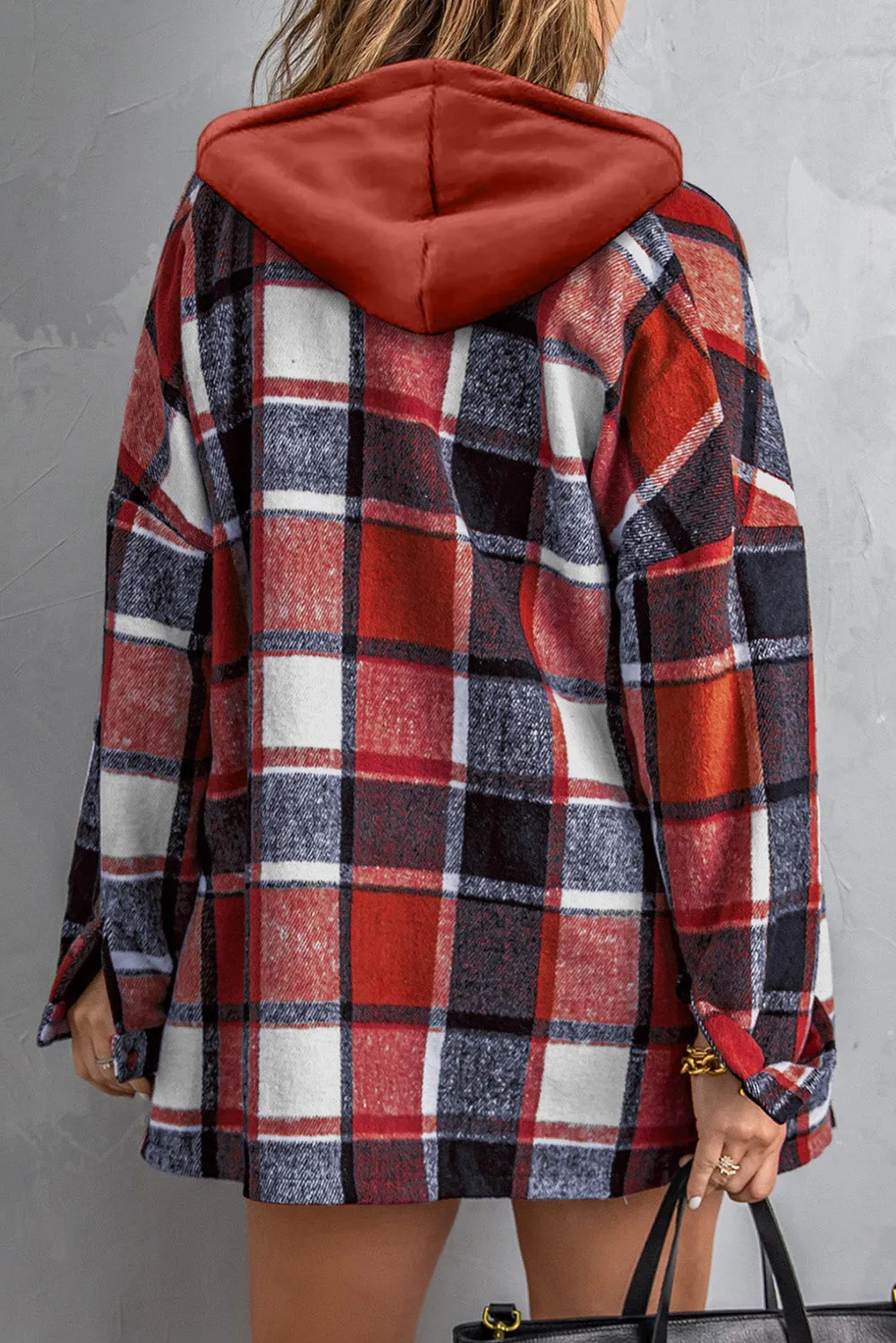 Fiery Red Hooded Plaid Button Front Shacket sold by Beagle Boutique product image thumbnail 2