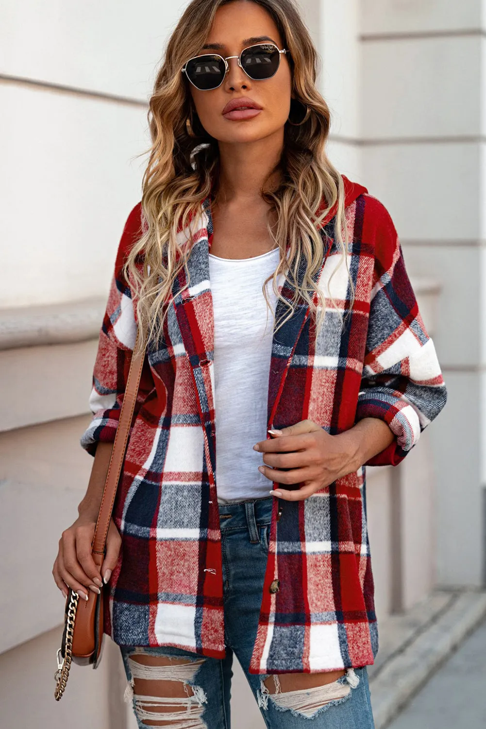 Fiery Red Hooded Plaid Button Front Shacket sold by Beagle Boutique product image thumbnail 4
