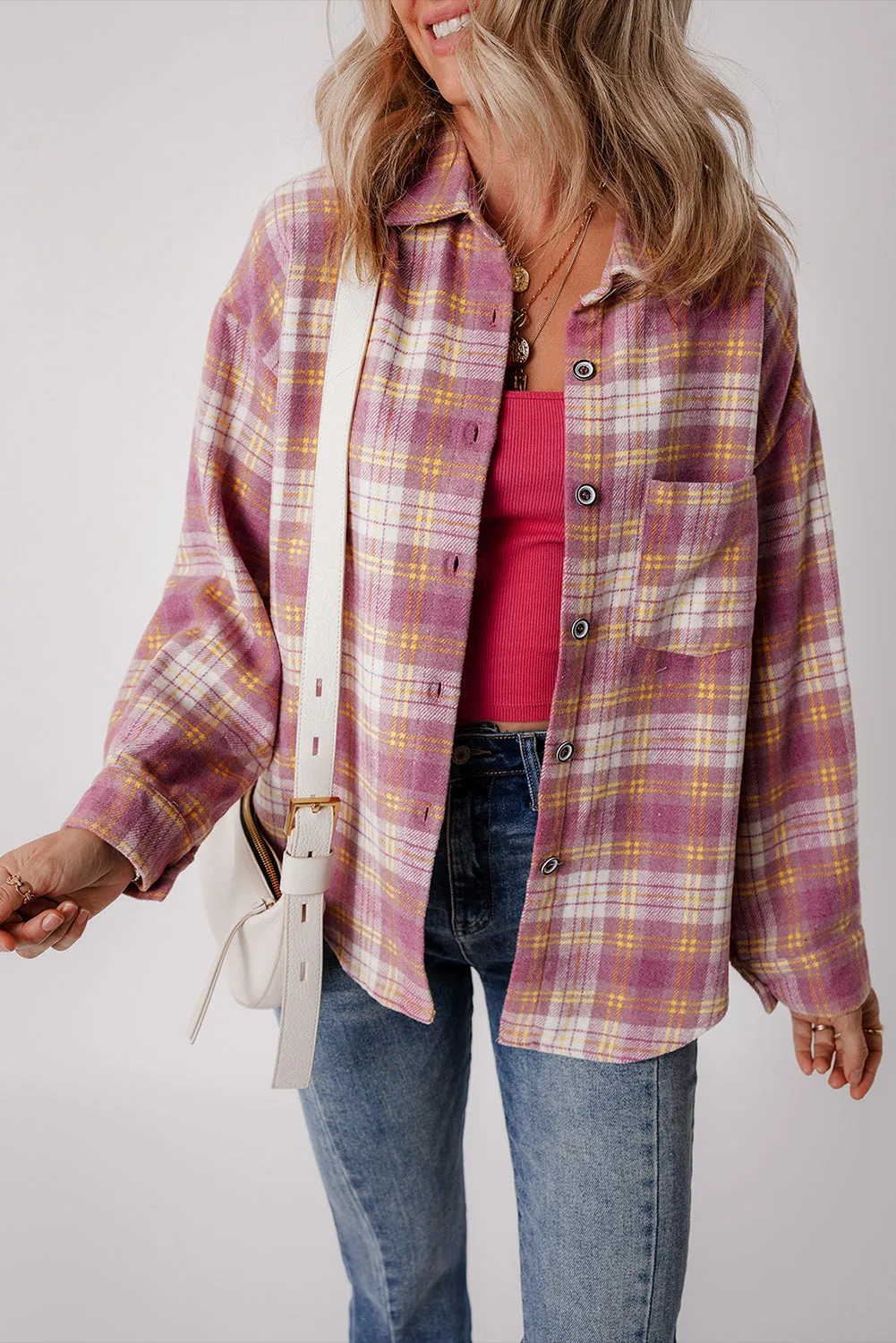 Pink Plaid Print Chest Pocket Long Sleeve Shacket sold by Beagle Boutique product image thumbnail 3