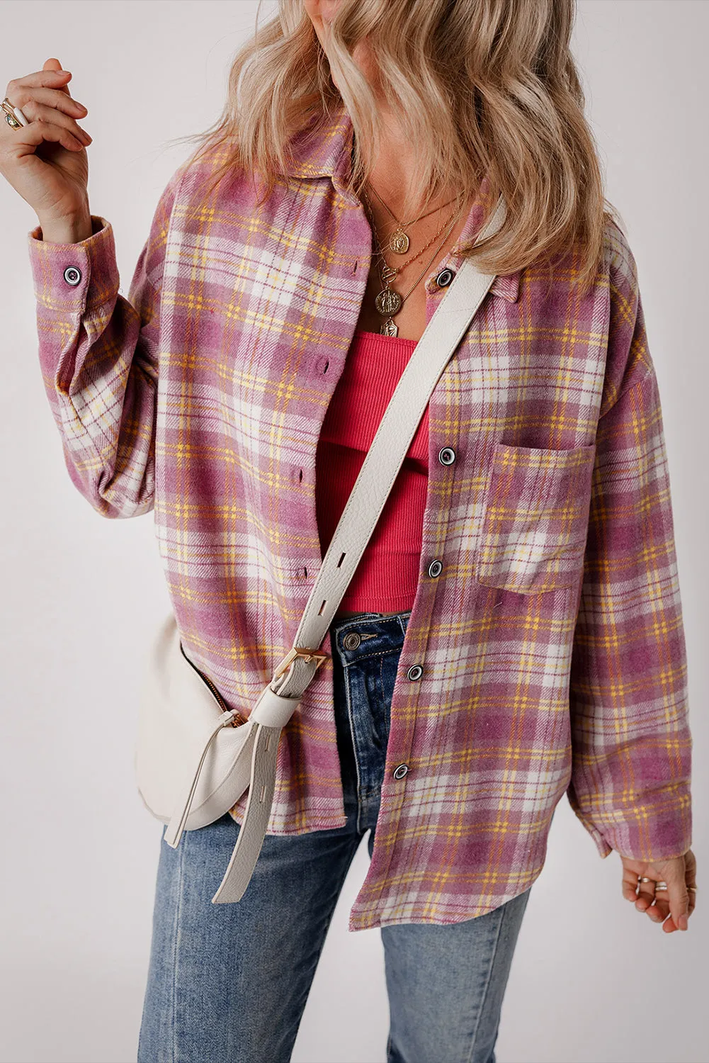 Pink Plaid Print Chest Pocket Long Sleeve Shacket sold by Beagle Boutique product image thumbnail 5