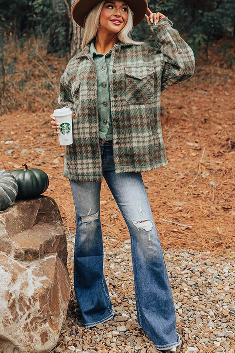 Mist Green Plaid Print Chest Pockets Turn Down Collar Shacket sold by Beagle Boutique product image thumbnail 5