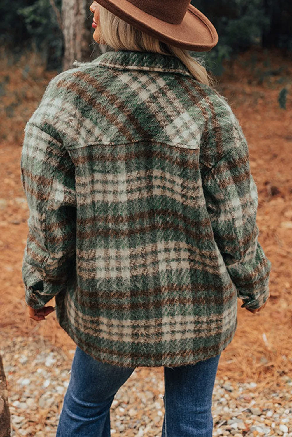 Mist Green Plaid Print Chest Pockets Turn Down Collar Shacket sold by Beagle Boutique product image thumbnail 2